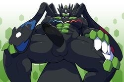 1boy 2019 abs anthro anthrofied ass bara big_ass black_skin blue_skin blush claws dragon erection eye_contact front_view green_background green_skin huge_penis humanoid_penis legendary_pokémon looking_at_viewer male male_only muscular muscular_male nintendo no_nipples nude pecs penis pokémon_(species) pokemon pokemon_usm red_skin scalie simple_background solo testicles text veins veiny_penis video_games voviat watermark white_eyes zygarde zygarde_complete