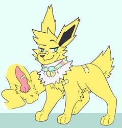 1boy animal_genitalia animal_penis band-aid bandage blue_background canine_penis eeveelution erection feral fur green_eyes jolteon male male_only mammal nasty-fox nintendo original_character penis pokémon_(species) pokemon pokemon_rgby simple_background solo testicles video_games yellow_fur