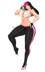 1girls abs alternate_costume alternate_hairstyle bangs black_hair blunt_bangs breasts capcom clothed curvy feet female female_only front_view full_body fully_clothed gloves glowing_eye hair_down halterneck hand_on_hip human juri_han large_breasts leggings long_hair looking_at_viewer midriff nail_polish nipple_bulge perky_breasts pink_eyes pink_hair pink_nails pink_toenails playing_with_hair simple_background smile solo street_fighter street_fighter_v thick_thighs toeless_legwear toenail_polish toes toned toned_female two_tone_hair white_background wide_hips yoga_pants zcune