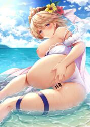 areolae ass bangs bar_censor bare_shoulders bikini blonde_hair blue_eyes blue_sky blush breasts censored cloud europa_(granblue_fantasy) eyebrows_visible_through_hair female flower from_behind granblue_fantasy hair_between_eyes hair_flower hair_ornament half-closed_eyes highres kanopan large_breasts looking_at_viewer looking_back nipples outdoors partially_submerged pussy short_hair sky smile solo spread_pussy swimsuit thigh_strap thighs tiara wet white_bikini