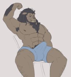 armpit_hair beard body_hair chest_hair facial_hair fantasy felid feline final_fantasy final_fantasy_xiv flexing hairy hi_res hrothgar lion male male_only mammal manly muscular pantherine pubes sitting sldrws smile smirk solo spread_legs spreading square_enix story story_in_description video_games