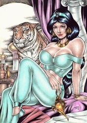 1girls 2019 aladdin arabian_clothes big_breasts black_hair blue_bra blue_hairband blue_pants blue_shoes blue_topwear bra bracelet breasts brown_eyes busty cleavage curvaceous curvy dated disney disney_princess earrings ed_benes_studio female female_only genie_lamp hairband harem_outfit human knee_up lamp large_breasts lipstick long_hair medson_lima pants pinup princess princess_jasmine rajah red_lips red_lipstick royalty shoes signature solo thick_thighs thighs tiger topwear voluptuous