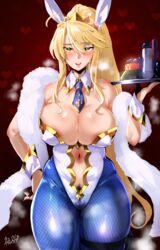 1girls 2019 absurdres ahoge animal_ears artoria_pendragon artoria_pendragon_(lancer) artoria_pendragon_(swimsuit_ruler) bangs bare_shoulders belly blonde_hair blue_legwear blue_neckwear blush braid breasts bunny_ears bunnysuit cleavage condom condom_box dated detached_collar eye_contact fate/grand_order fate_(series) female female_pubic_hair fishnet_pantyhose fishnets french_braid green_eyes hair_between_eyes hairy half-closed_eyes heart heavy_breathing hero_neisan highleg highleg_leotard highres holding huge_breasts large_breasts leotard long_hair looking_at_viewer midriff navel navel_cutout necktie pantyhose ponytail pubic_hair red_background sex_toy sidelocks smile solo source_request thick_thighs thigh_strap thighs tray wide_hips wrist_cuffs