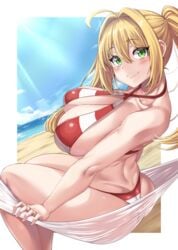 1girls ass big_breasts bikini blonde_hair breasts cleavage curvy fate/grand_order fate_(series) female female_only green_eyes large_breasts moisture_(chichi) nero_claudius_(fate) nero_claudius_(swimsuit_caster) solo