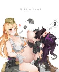 2girls absurdres ass blonde_hair blush boots breasts bullets cleavage closed_mouth crop_top dog_tags front-tie_top futa_on_female futanari garrison_cap girls'_frontline gloves guard_(girls'_frontline) hat highres implied_futanari kim_da-yoon large_breasts licking_lips long_hair m2hb_(girls'_frontline) multiple_girls nipple_bulge nipples open_mouth orange_eyes philipposter purple_hair sangvis_ferri sex spoken_skull stomach_bulge straddling tongue tongue_out twintails typo upright_straddle white_background