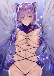 animal_ears areolae bangs blush breasts elbow_gloves eyebrows_visible_through_hair fate/grand_order fate_(series) female fur fur_trim gloves hair_over_one_eye halloween_costume highres large_breasts looking_at_viewer mash_kyrielight mash_kyrielight_(dangerous_beast) navel nipples purple_eyes purple_gloves purple_hair revealing_clothes short_hair solo tachibana_yuu tail wolf_ears wolf_tail