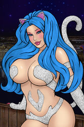 1girls animal_ears arm_support big_breasts blue_eyes blue_hair breasts cleavage covered_nipples curvy darkstalkers felicia_(darkstalkers) fur leaning_back lips long_hair looking_at_viewer medium_breasts navel rplatt tail thighs wide_hips