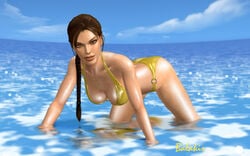 1girls 3d all_fours artist_name balakir bare_shoulders big_breasts bikini bikini_bottom bikini_top brown_eyes brown_hair busty cleavage curvy detailed_background english_text female female_only front_view holding_object hourglass_figure human lara_croft lara_croft_(l.a.u.) looking_at_viewer midriff outdoor outside panties partially_submerged pose posing shiny shiny_skin short_hair solo swimsuit text tomb_raider tomb_raider_(l.a.u.) video_game video_games voluptuous water wide_hips