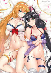 2girls animal_ear_fluff animal_ears aviator_sunglasses babydoll bangs bare_shoulders big_breasts bikini black_hair blue_eyes blush breasts cat_ears cat_girl cat_tail cleavage closed_mouth clothes_pull collarbone cyi cyicheng eyewear_on_head female_only green_eyes jacket karyl_(princess_connect!) kyaru_(princess_connect) large_breasts lingerie long_hair long_sleeves looking_at_viewer low_twintails lying medium_breasts multicolored_hair multiple_girls navel off_shoulder on_back open_clothes open_jacket orange_hair panties pecorine petals photoshop_(medium) princess_connect! princess_connect!_re:dive purple_bikini purple_jacket shorts shorts_pull side-tie_panties smile streaked_hair sunglasses sunglasses_on_head swimsuit tail thighs twintails white_bikini white_shorts