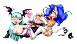 barefoot blue_hair blue_toenails blush bondage bound breasts capcom cat_ears clothing darkstalkers duo fangs feet felicia_(darkstalkers) female green_hair morrigan_aensland nipples open_mouth paws small_breasts soles succubus tickling toes tongue_out xptzstudios yuri