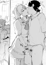 1boy 3girls apron around_corner bar_censor braid censored cum femdom french_kiss greyscale handjob hat highres kissing looking_at_another maid maid_headdress male_pubic_hair mob_cap monochrome multiple_girls pants_pull patchouli_knowledge penis pubic_hair remilia_scarlet sakurayu_haru sakuya_izayoi small_penis stealth_sex sweat touhou translation_request twin_braids