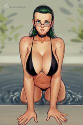 bbc-chan bikini busty choker cleavage elizabeth_valentine female glasses green_eyes green_hair long_hair navel pool solo thick_thighs wet wide_hips