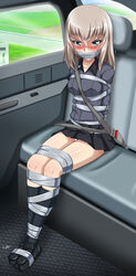 10s 1girls absurdres angry blonde_hair blue_eyes blush bondage bound breasts car clothing female gag gagged girls_und_panzer ground_vehicle highres itsumi_erika kidnapped legs_together long_hair looking_at_viewer motor_vehicle panties pantyshot_(sitting) restrained shirt skirt small_breasts solo underwear upskirt white_hair white_panties