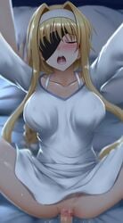 alice_schuberg blonde_hair blush bottomless breasts censored closed_eyes drooling erect_nipples_under_clothes eyes_closed ginhaha kirigaya_kazuto large_breasts long_hair male_pov mosaic_censoring nipples on_bed one_eye_covered open_mouth penetration penis pov saliva sex shiny shiny_skin spread_legs sweat sword_art_online tears tied_hair vaginal_penetration white_dress