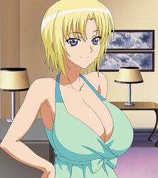 1girls anime_screencap bare_shoulders big_breasts blonde_hair blue_eyes breasts cleavage dress green_dress hand_on_hip huge_breasts ijuin_marie indoors ova plump screencap screenshot short_hair smile succubus vampire vampire_(hentai_ova) vampire_(ova)