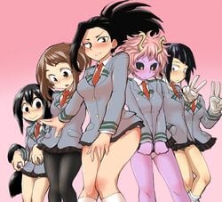 6girls alien_queen black_hair blushing brown_hair covering creati decensored earphone_jack embarrassed female female_only froppy hagakure_tooru_(invisible) horns invisible_girl invisible_girl_(mha) kyoka_jiro mina_ashido momo_yaoyorozu multiple_girls my_hero_academia ochako_uraraka panties pink_hair pink_skin pinky_(mha) school_uniform short_skirt suzurino tagme thighs tooru_hagakure tooru_hagakure_(invisible) tsuyu_asui uravity visible_underwear yellow_eyes yellow_horns