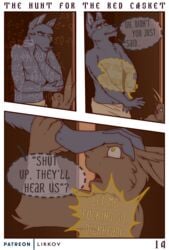 2019 absurd_res anthro canid canine canis clothed clothing comic digital_media_(artwork) duo english_text fur hare hi_res lagomorph leporid lirkov male mammal nude open_mouth page_19 page_number text the_hunt_for_the_red_casket wolf