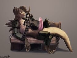 1boy 2019 4:3 anthro anthrofied armor bed bethesda_softworks big_penis box brown_background brown_scales brown_skin bumpy_penis claws countershade_face countershade_tail countershade_torso countershading crate deathclaw english_text erection exposed fallout gatling_gun glans grey_background gun gundypip hi_res holding_gun holding_object holding_weapon horn looking_at_viewer lying machine_gun male male_deathclaw_(fallout) male_focus male_only mattress minigun monster mostly_nude nubbed_penis on_back on_bed orange_eyes penis pink_penis ranged_weapon reclining reptile scales scalie scowl seductive shaded sharp_claws sharp_teeth signature simple_background slit_pupils solo spiked_armor spiked_tail spikes tan_countershading tan_scales teeth text video_games watermark weapon yellow_eyes