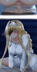 alice_schuberg anus ass blonde_hair blue_eyes blush breasts censored cleavage embarrassed ginhaha hair_ornament insertion kirigaya_kazuto large_breasts long_hair mosaic_censoring one_eye_covered open_mouth penis riding sex shiny shiny_skin sword_art_online tied_hair vaginal_penetration