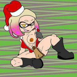 1:1 2017 animal_humanoid beauty_mark big_breasts boots bottomless breasts censored cephalopod cephalopod_humanoid christmas clothed clothing costume creative_censorship digital_media_(artwork) fangs female flashing footwear holidays humanoid inkling inverted_nipples marine marine_humanoid mask mollusk mollusk_humanoid nintendo nipples pearl_(splatoon) pseudo_hair santa_costume simple_background smile smirk solo splatoon splatoon_2 spread_legs spreading tentacle tentacle_hair thekaimaster07 video_games yellow_eyes zipper