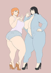 2girls aroused ass bangs big_ass big_breasts big_butt biting_lip black_hair black_high_heels breasts busty butt chubby cleavage clothing curvy donaught eyelashes fellatio_gesture female female_only full_cleavage fully_clothed ginger grey_background grey_shorts hand_on_hip high_heels highres huge_ass huge_breasts huge_butt jumpsuit large_ass large_breasts line_art lineart long_hair looking_at_viewer nami navel nico_robin one_piece open_mouth open_toe_shoes orange_hair orange_high_heels pawg penetration_gesture pre-timeskip seductive seductive_smile sexually_suggestive short_hair shorts smile smiling standing stiletto_heels tank_top thick_thighs tongue tongue_out venus_body very_high_heels voluptuous white_tank_top wide_hips