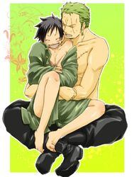 2boys after_sex dark_hair gay green_hair male male/male male_only monkey_d_luffy nude_cover one_piece romantic roronoa_zoro sitting_on_lap size_comparison smile yaoi