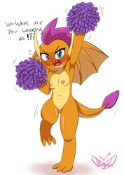 2019 absurd_res anthro blue_eyes blush cheerleader dragon dragoness fangs female flat_chested friendship_is_magic hi_res horn jeglegator my_little_pony nipples nude open_mouth pom_poms pussy scalie smolder_(mlp) solo wings