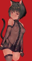 animal_ears bare_shoulders black_dress black_hair black_legwear black_panties breasts cat_ears cat_girl cat_tail commentary_request cowboy_shot detached_sleeves dress eyebrows_visible_through_hair female highres looking_at_viewer magaeshi medium_breasts nipples original panties red_background red_eyes see-through see-through_sleeves short_hair simple_background single_thighhigh solo tail thighhighs underwear