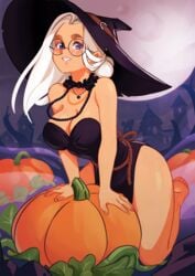 1girls arm_support barefoot bead_necklace beauty_mark belt black_dress blue_eyes blush bracelet breasts cleavage dress eyewear feet female female_only fog front_view full_body full_moon glasses hair_bun halloween hat highres holidays human june_(squeezable) kneeling large_breasts long_hair looking_at_viewer mole mole_under_eye moon necklace night original original_character outdoors pinup pumpkin pumpkin_patch rope_belt round_glasses soles solo squeezable thick_thighs toes very_long_hair white_hair witch_hat