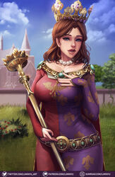 1girls blue_eyes breasts brown_hair civilization civilization_vi clothed crown dress female female_focus female_only hair_ornament hips jadwiga jewelry king luminyu pinup poland royalty scepter smooth_skin solo solo_focus thick voluptuous