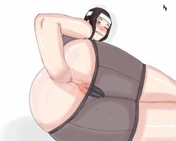 1girls anal_fisting biting_lip blue_eyes blush brown_hair butt clothing female fisting headband kira104 long_hair self_fisting simple_background svetlana_samsonov thick_thighs white_background