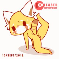 2018 aggressive_retsuko all_fours animal_ears animated anthro anus artist_name ass barefoot black_eyes blush dated diives drawn english_text female from_behind full_body fur furry furry_only gif leg_up looking_at_viewer looking_back loop nose_blush nude open_mouth patreon_logo patreon_username pussy red_panda retsuko sanrio simple_background smooth_fur solo stretching sweat tail uncensored watermark white_background yoga