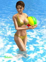 1girls 3d artist_name balakir bare_shoulders big_breasts bikini bikini_bottom bikini_top brown_eyes brown_hair busty cleavage curvy detailed_background english_text female female_only front_view holding_object hourglass_figure human lara_croft lara_croft_(l.a.u.) looking_at_viewer midriff outdoor outside panties partially_submerged pose posing shiny shiny_skin short_hair solo standing swimsuit text tomb_raider tomb_raider_(l.a.u.) video_game video_games voluptuous water wide_hips