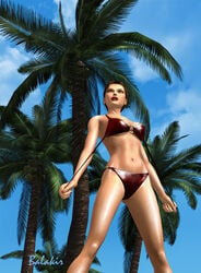 1girls 3d artist_name balakir bare_shoulders big_breasts bikini bikini_bottom bikini_top brown_eyes brown_hair busty curvy day detailed_background english_text female female_only front_view holding_object hourglass_figure human lara_croft lara_croft_(l.a.u.) lipstick looking_at_viewer makeup midriff outdoor outside panties pose posing red_lipstick shiny shiny_skin short_hair solo spread_legs spreading standing swimsuit text tomb_raider tree underboob video_game video_games voluptuous wide_hips