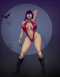 armlet arms_up bangs bats big_breasts black_hair blue_eyes boots breasts busty cleavage curvaceous curvy deep_cleavage devil_hs earrings eyelashes female female_focus female_only huge_breasts large_breasts lipstick long_fingernails long_hair moon nail_polish navel night outdoors pinup pose posing sling_bikini solo standing tagme thick_thighs vampirella vampirella_(character) voluptuous wide_hips