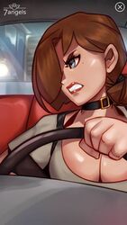 7_angels big_breasts big_eyes brown_hair car nutaku tagme trish_(7_angels)