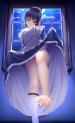 1girls absurdres after_sex apron artist_request bare_legs barefoot big_breasts blush breasts cafe_stella_to_shinigami_no_chou cum cum_on_body cum_on_feet cum_on_soles cumdrip cutie_mark dress_lift feet female female_focus foot_focus foot_up footjob highres huge_filesize large_breasts legs looking_down maid maid_apron maid_dress night open_mouth panties pantyshot pantyshot_(standing) pink_panties shiki_natsume sock_removed socks soles standing standing_footjob toes tongue white_socks yellow_eyes yuzu-soft