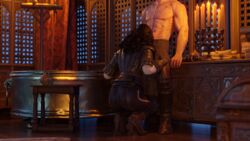 1boy 1girls 3d black_hair blowjob cd_projekt_red deepthroat fellatio geralt_of_rivia hand_on_leg hands-free highres implied_deepthroat implied_oral lighting niodreth oral partially_clothed scars sorceress the_witcher the_witcher_(series) the_witcher_2 the_witcher_3:_wild_hunt yennefer