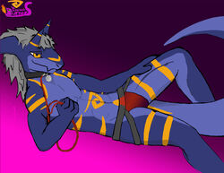 absurd_res blue_scales clothing draconic_burners dragon fur grey_fur hi_res horn jockstrap leash looking_at_viewer male male_only markings orange_eyes raised_leg scales seyia solo underwear