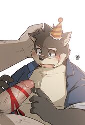 birthday blush bodily_fluids canid canine canis clothing domestic_dog erection genital_fluids hat headgear headwear hi_res humanoid_penis imminent_sex m_ikky male male/male mammal moritaka party_hat pecs penis precum ribbons scar slightly_chubby sweat tokyo_afterschool_summoners video_games