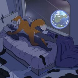 1:1 anal bed black_tie_(suit) bodily_fluids clothing couple_(disambiguation) cowgirl_position cum cum_in_ass cum_inside cum_on_chest fox_mccloud furry genital_fluids hi_res kissing male male/male male_only married nintendo on_top open_mouth penis planet ring romantic sex space star_fox starrffax suit tongue video_games wolf_o'donnell