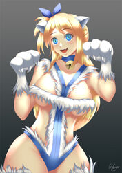 1girls animal_ears ass bell big_breasts blonde_hair blue_eyes blush breasts cat_ears cat_eyes claws clothed collar eyebrows eyelashes fairy_tail fangs female female_only hair haryu_(artist) haryudanto huge_breasts hypnosis large_breasts long_hair looking_at_viewer lucy_heartfilia mind_control open_mouth ribbon shiny_skin solo teeth text thick_thighs thighhighs underboob watermark wide_hips