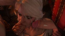 1girls 2boys 3d ball_fondling balls cd_projekt_red ciri fellatio green_eyes hand_on_head highres partial_male penis safemode the_witcher_(series) the_witcher_3:_wild_hunt white_hair