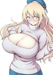 1girls atago_(kantai_collection) bangs beret big_breasts blonde_hair blush breasts cleavage cleavage_cutout female female_only glasses green_eyes hair_between_eyes hat huge_breasts kantai_collection large_breasts long_hair meme_attire open-chest_sweater ribbed_sweater smile solo solo_female sweater turtleneck