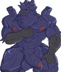 1boy 5_fingers abs anthro anthrofied avian bara beak bird black_sclera bodily_fluids boner castrodour corviknight erection eye_contact fingerless_gloves foreskin genital_fluids gloves half-closed_eyes hi_res huge_penis huge_testicles humanoid_penis looking_at_viewer male male_only muscular nintendo nipples nude original_character penis pokémon_(species) pokemon pokemon_ss precum pubes purple_skin red_eyes solo standing testicles text thick_thighs thigh_gap uncut video_games watermark wet white_background