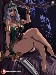 bracelet bubble_butt clothing feet green_nails green_toenails hair_ornament kyoffie league_of_legends legs nail_polish painted_nails qiyana_yunalai silver_hair thick_thighs toes yellow_eyes