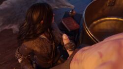 1boy 1girls 3d black_hair cd_projekt_red geralt_of_rivia gloves handjob looking_away niodreth partially_clothed penis scar the_witcher the_witcher_(series) the_witcher_2 the_witcher_3:_wild_hunt yennefer