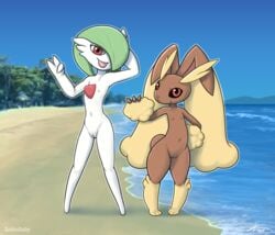 2girls 3_fingers 3_toes anthro anthrofied arm_up armpits ass beach belly big_ass big_ears black_sclera blue_background breasts brown_fur day duo feet female female_only flat_chest flat_chested furry gardevoir green_hair hair_over_one_eye hand_on_head humanoid lagomorph larger_female long_ears long_legs looking_at_viewer lopunny navel nintendo nipples no_breasts nude nudist nudist_beach ocean outdoors paws pokémon_(species) pokemon pokemon_(species) pokemon_dppt pokemon_rse pose pussy red_eyes sand seaside short_hair shortstack size_difference sky small_breasts smaller_female smile standing tail text thick_thighs thin_waist tongue tongue_out tree v video_games water watermark white_fur white_skin wide_hips zeklullaby