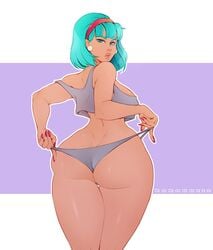 1girls artist_name ass big_ass bulma_briefs bulma_briefs_(frieza_saga) clothing dragon_ball dragon_ball_z female female_only hair kokobuttz open_mouth panties presenting_ass shounen_jump solo watermark