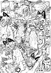 ! anthro blush breasts cheetah comic cormac_ascalon cunnilingus daigaijin dialogue duo ear_piercing ear_ring english_text felid feline female furryfight_chronicles handjob hi_res male mammal monochrome nipples nude nyarai_(furryfight_chronicles) oral penile penis piercing pussy sex straight text vaginal_penetration